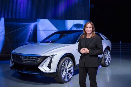 Mary Barra speaks at GMs Tech Day standing in front of Cadillac Lyriq 